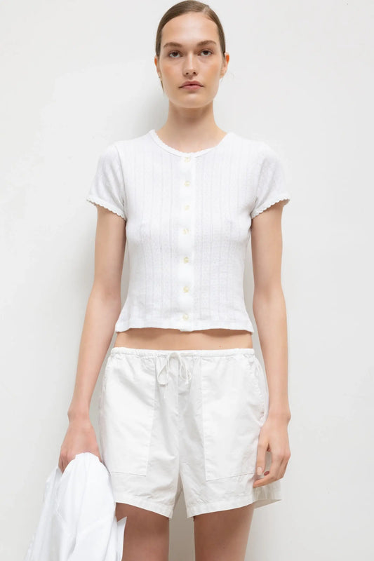 Pointelle Short Sleeve Cardigan in White