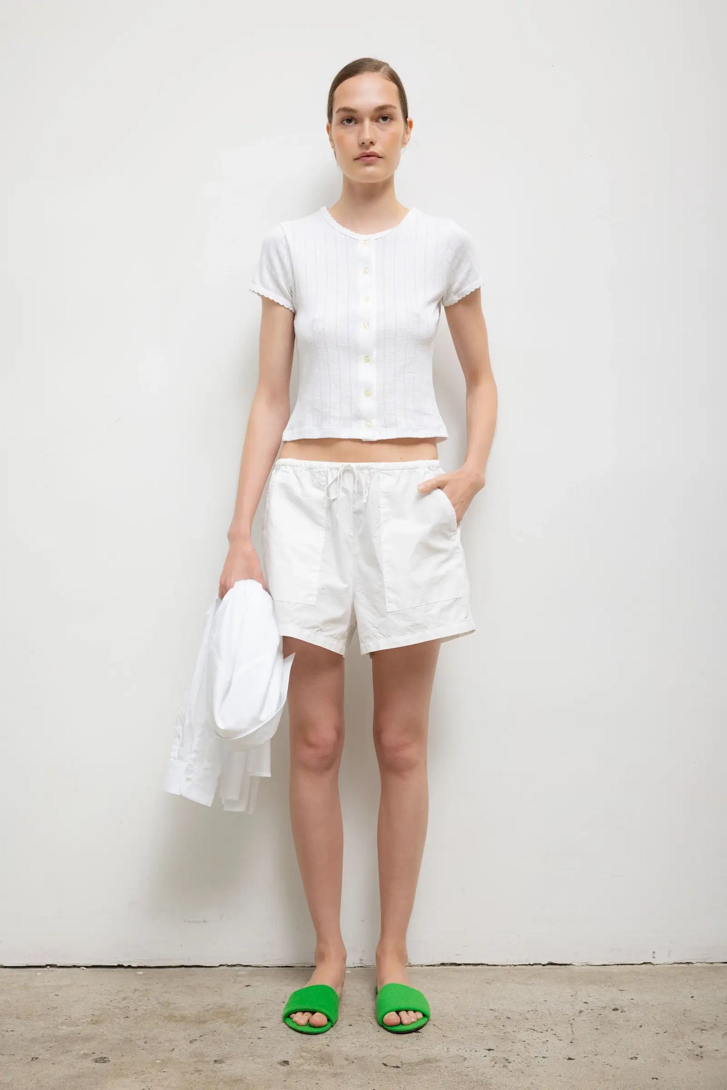 Pointelle Short Sleeve Cardigan in White