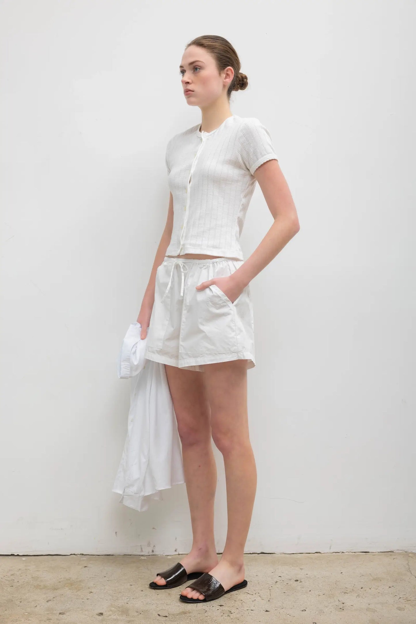 Pointelle Short Sleeve Cardigan in White