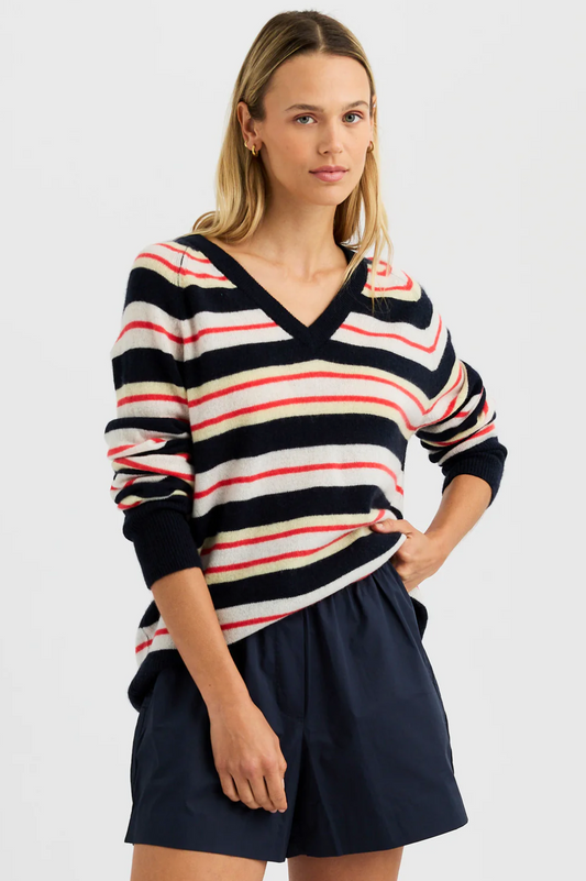 Sloane Cashmere VNeck in Citrus Stripe