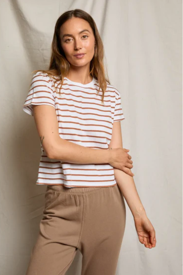 Everett Jersey Stripe Boxy Crewneck Tee in Mocha