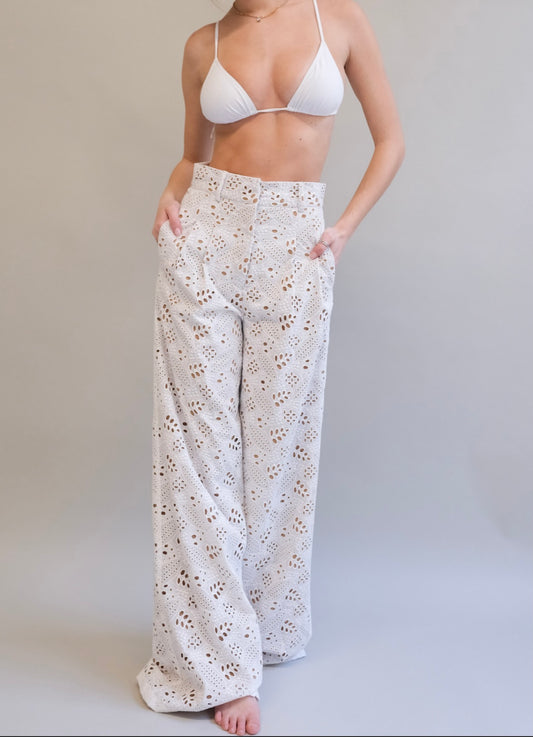 White Talia Eyelet  Pants